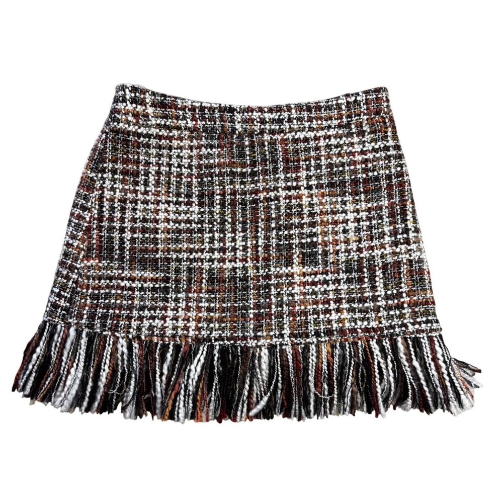 Aura Tweed Fringe Mini Skirt Multi-Color Brown Black White Womens L